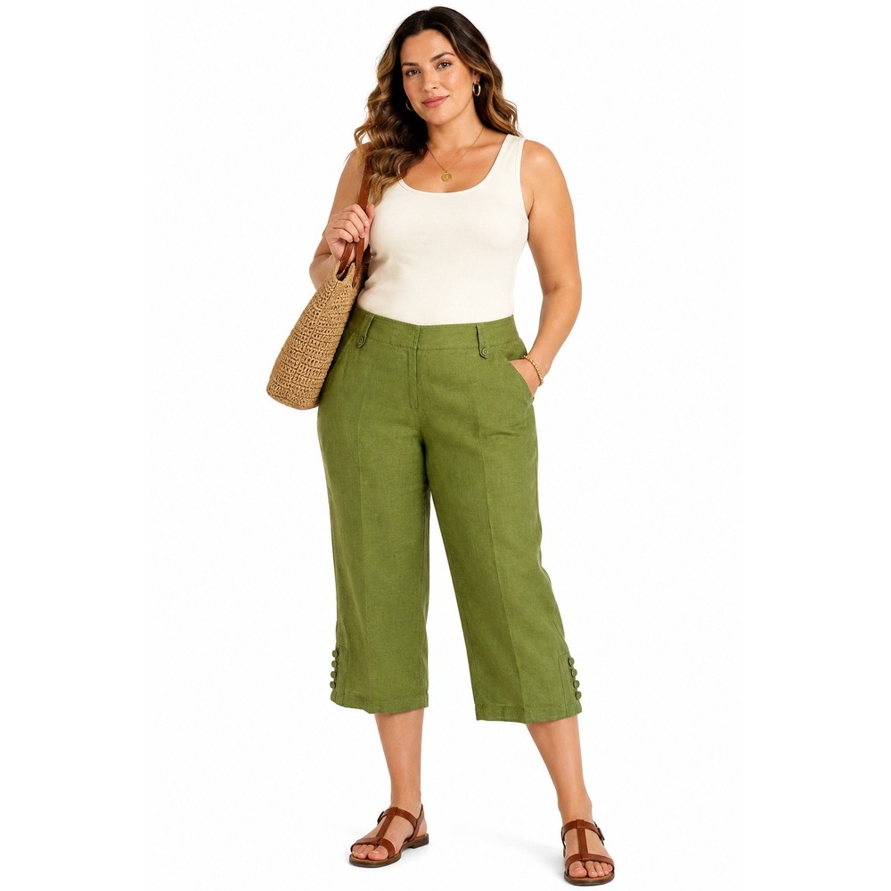 Linen Blend Capri Pants 14 Olive Green Button Hem Boho Resort Larry Levine